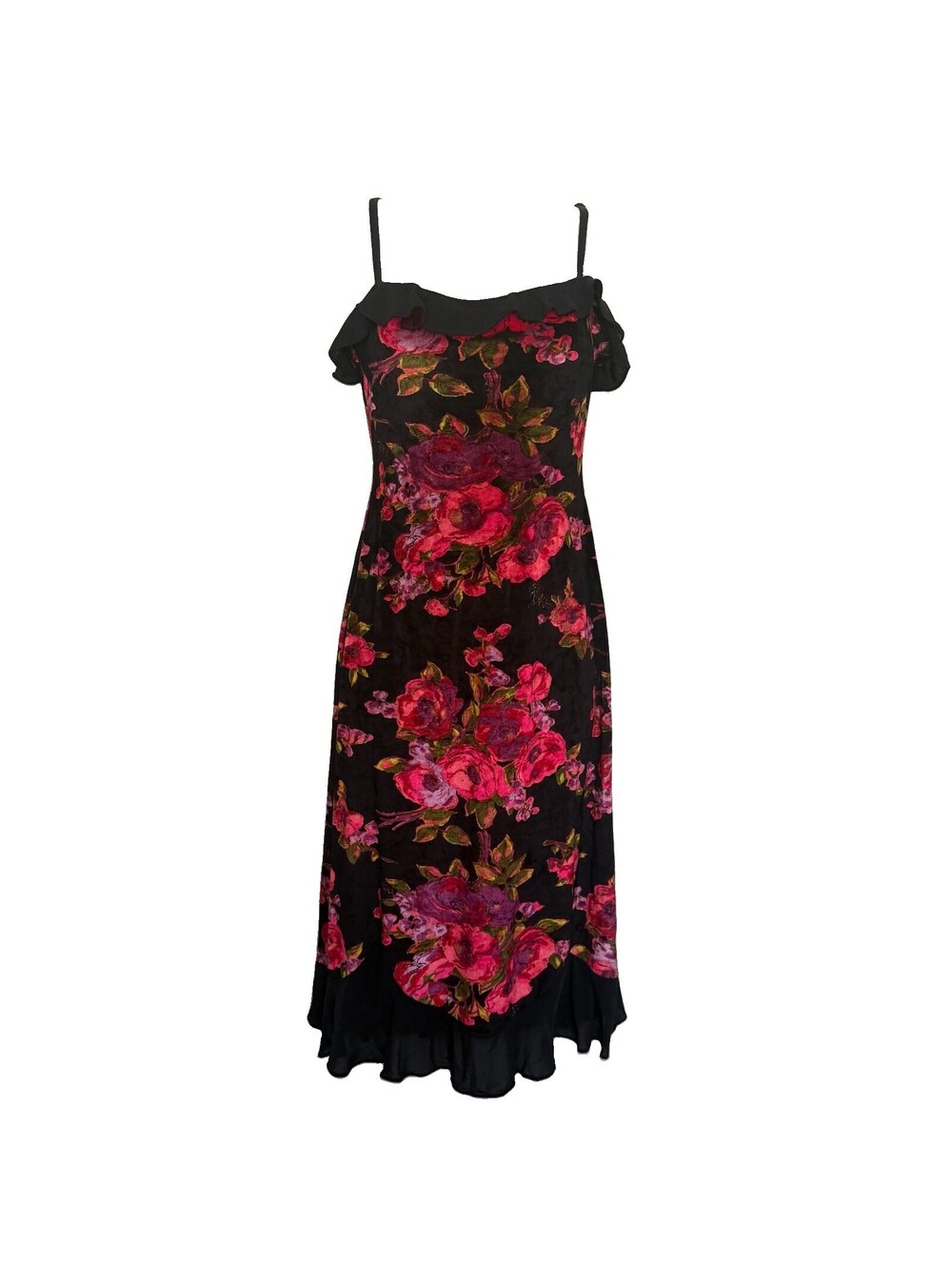 Betsey Johnson Vintage Velvet Vibrant Black Floral Slip Dress Silk Size Medium